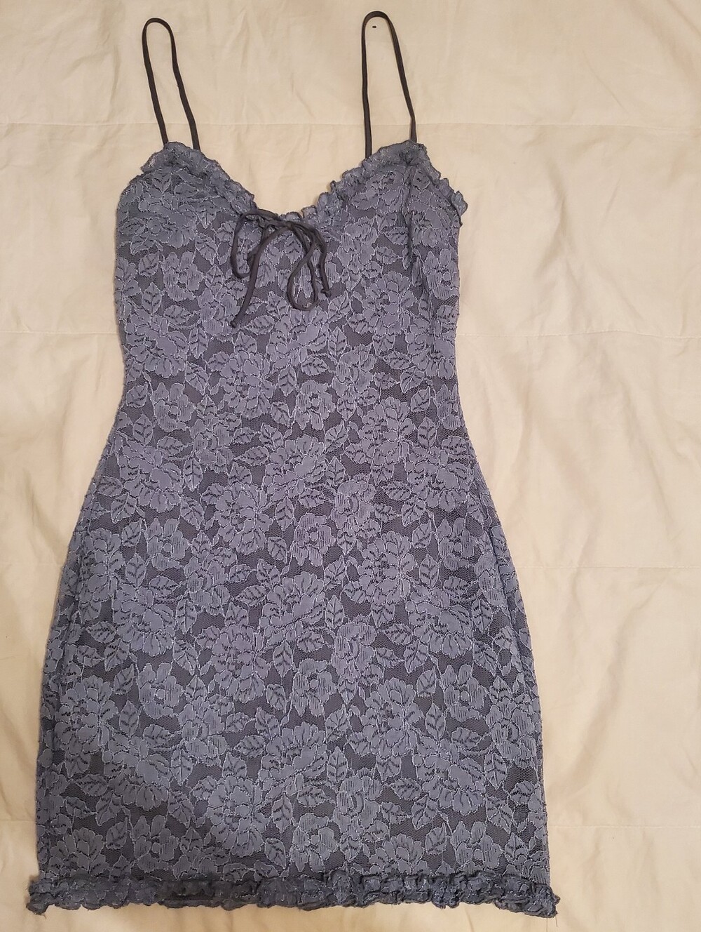 Floral Lace Spaghetti-Strap Mini Dress in Slate Blue